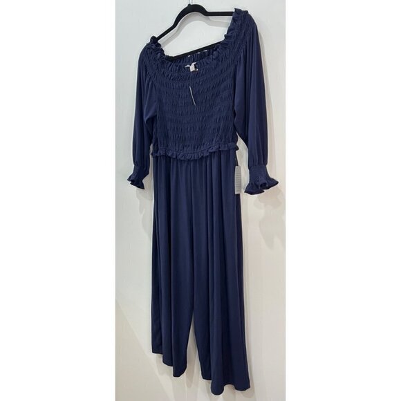 NWT Chelsea28 Size L Long Sleeve Off The Shoulder Smocked Jumpsuit in Blue - Picture 11 of 12